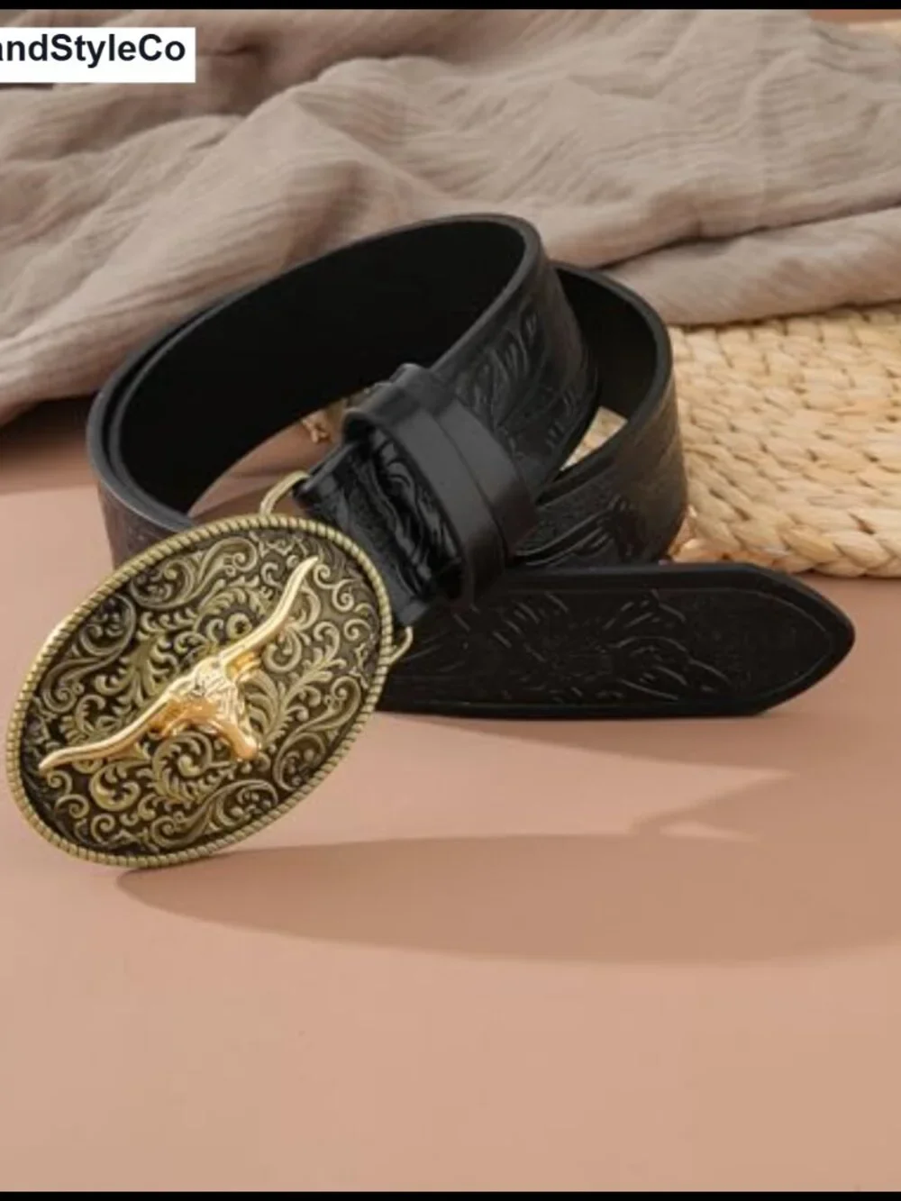 Vintage Western Cowgirl Belt with Bull Buckle Faux Leather